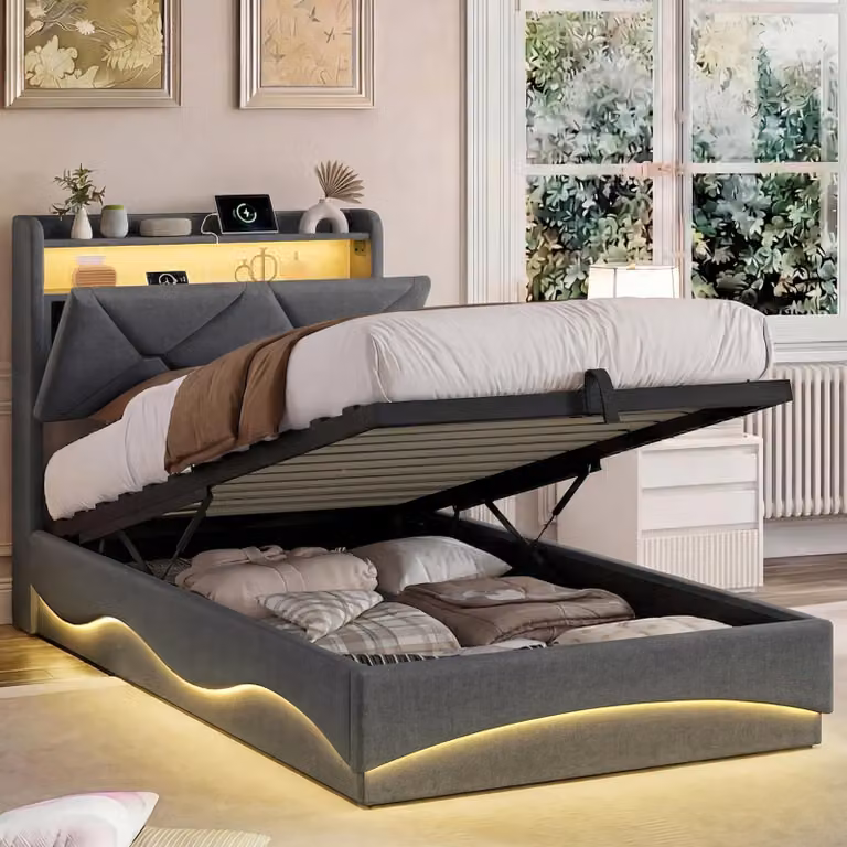 Letto imbottito 90x200 cm con spazio contenitore a sollevamento idraulico, testiera con vano portaoggetti, illuminazione LED, 2 porte USB e una porta Type-C, rete a doghe, colore grigio, senza materasso