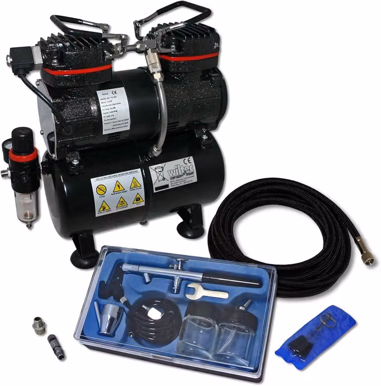 Kit completo per compressore ad aria per aerografo, ideale per principianti, con serbatoio, pistola e numerosi accessori