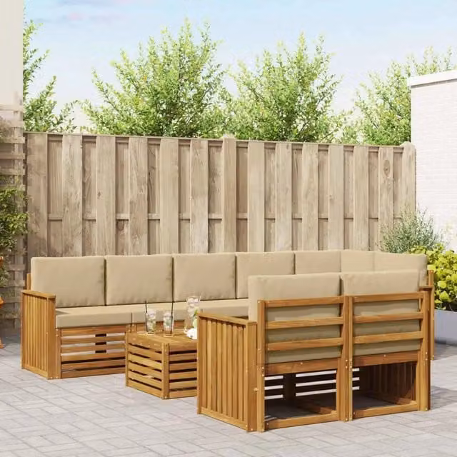 Set di divani da esterno a forma di U vidaXL in legno di acacia con tavolino e cuscini, Beige e Marrone