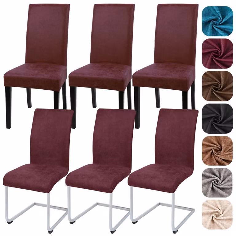 Copri sedili per sedie, in ecopelle effetto velluto, set da 6, elasticizzati, colore rosso, adatti a sedie a dondolo e sedie girevoli