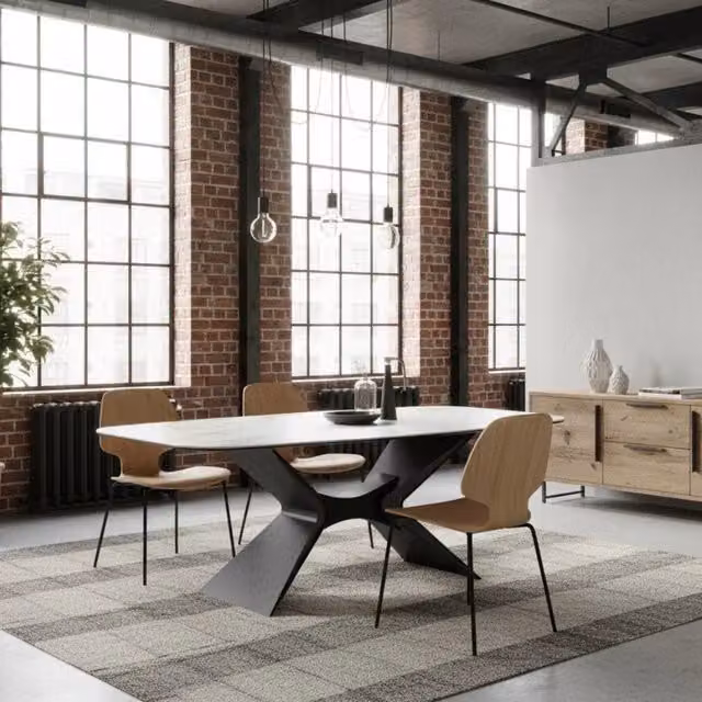 Tavolo da pranzo fisso Halo Duzzle in ceramica effetto marmo calacatta bianco con base in vetro e metallo, L: 220 cm, P: 110 cm, ideale per 8 posti – 1