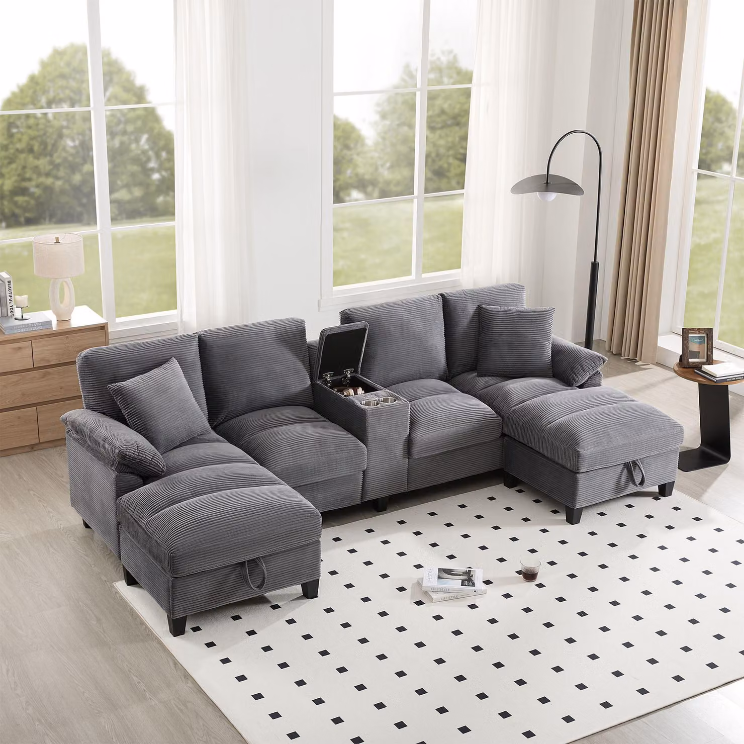 Divano angolare a U Merax a 4 posti, con base letto, portaoggetti, portabicchieri, USB, cuscini, divano modulare, rivestimento in velluto a coste, divano, set di divani, grigio