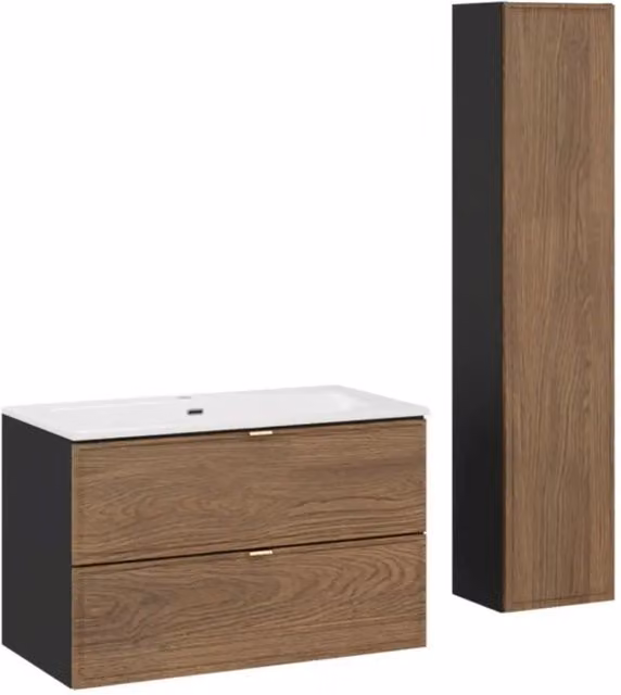 Set da bagno SAVIA: mobile sotto lavabo 80cm + lavabo incassato bianco + colonna contenitore
