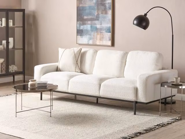 Divano a 3 posti Beliani in tessuto bouclé bianco con gambe nere per soggiorno moderno L: 215 cm, P: 87 cm, H: 72 cm – 1