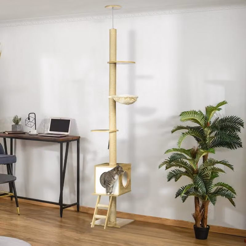 Tiragraffi Fortuna Lai, alto fino al soffitto, cuccia per gatti, due piattaforme, amaca, protezione antiribaltamento, marrone chiaro+beige, 40 x 40 x 260 cm