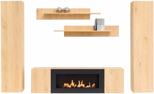 Composizione murale FLY Meublorama in rovere chiaro e beige con mobile TV, vetrine, scaffali e camino bio-etanolo integrato L 260 x A 170 x P 40 cm