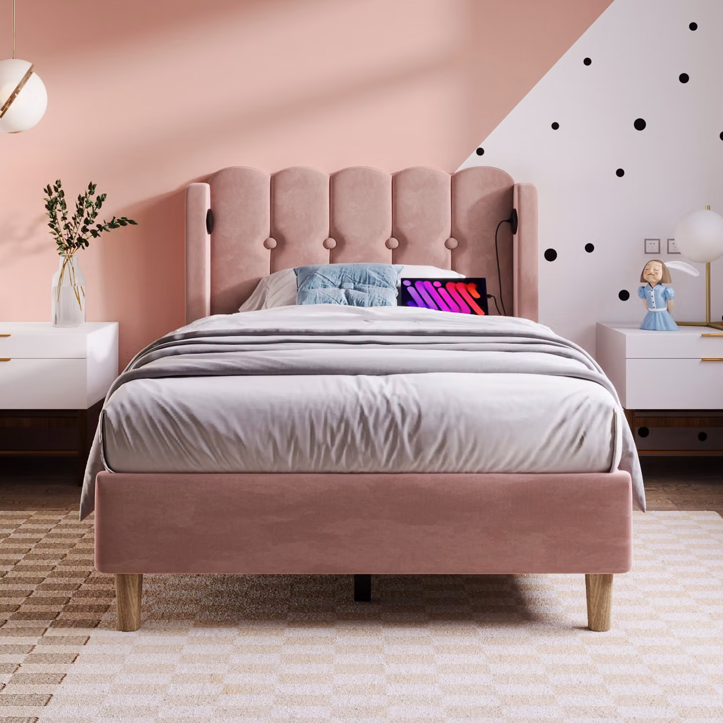 Letto imbottito Flieks 90x200cm con USB e tipo C, letto per ragazzi con rete a doghe, letto singolo letto in legno letti classici, velluto, rosa