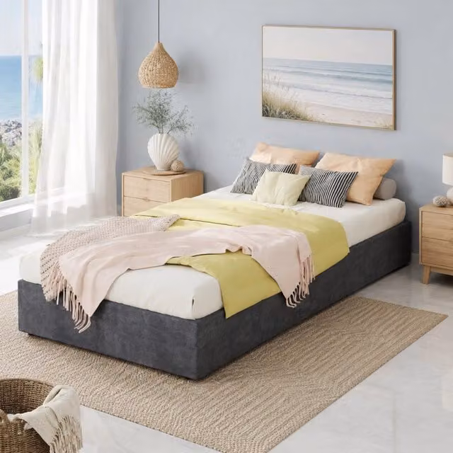 Letto singolo per bambini MODFU con contenitore a sollevamento e rivestimento in tessuto grigio L/P: 90 x 200 cm