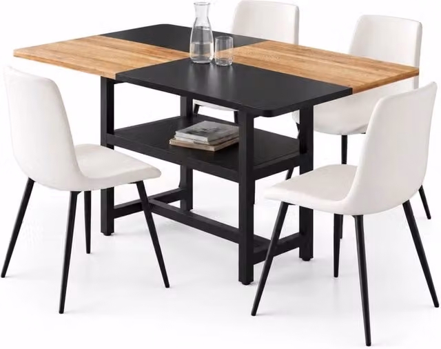 Set tavolo e sedie con tavolo e 4 sedie, ripiano portaoggetti, in MDF, metallo e similpelle marrone, nero e bianco