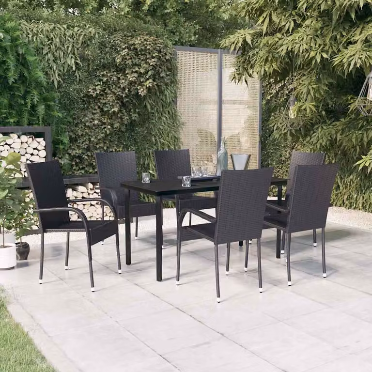 Set da pranzo da giardino vidaXL in polyrattan nero con tavolo in vetro, 7 pezzi