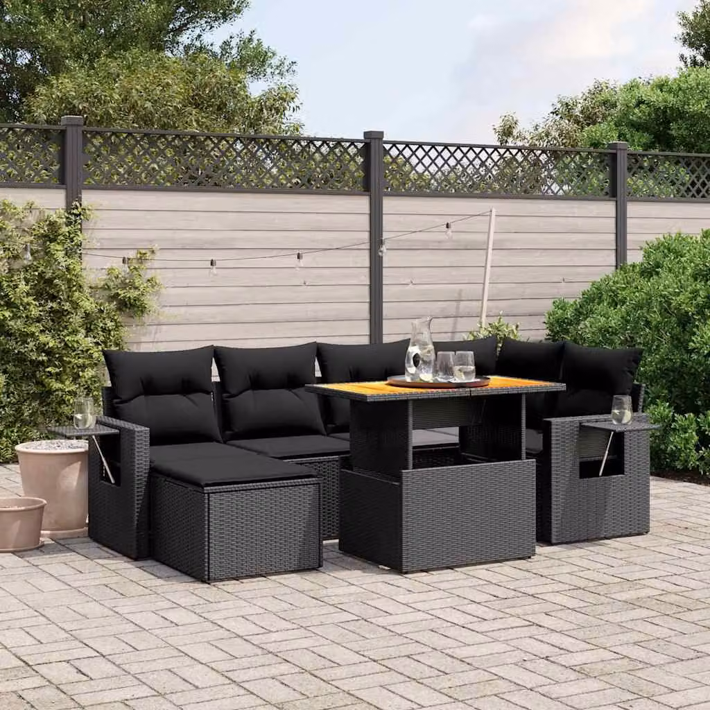 vidaXL Set Divani da Giardino a L con Cuscini 7pz in Polyrattan Nero e Legno di Acacia – 1