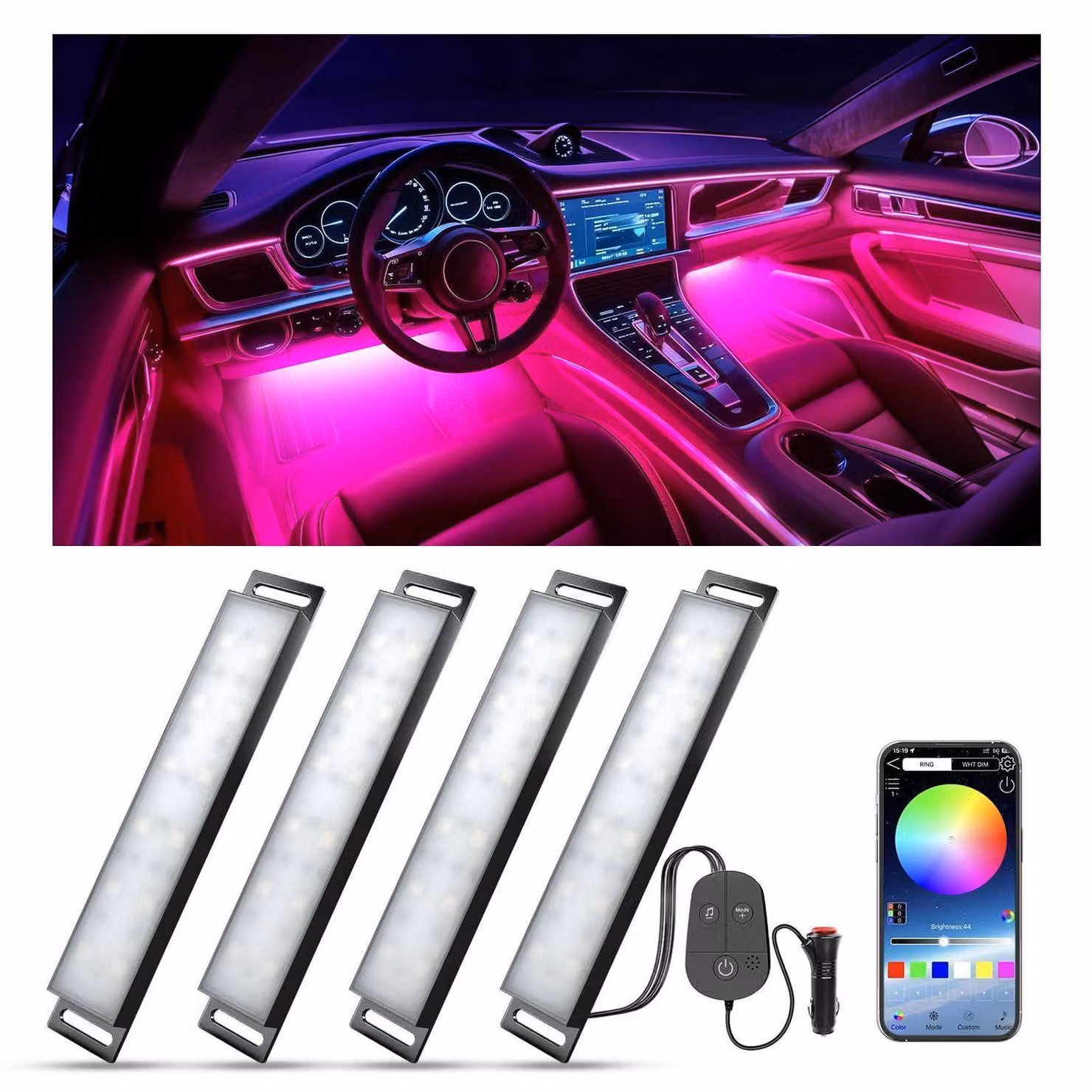 Illuminazione interna per auto a LED RGB con controllo tramite app, 16 milioni di colori, modalità musicale, 12V