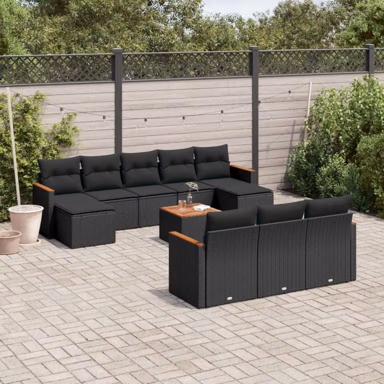 vidaXL Set Divani da Giardino 11 pz in Polyrattan Nero con Cuscini e Tavolino da Esterno