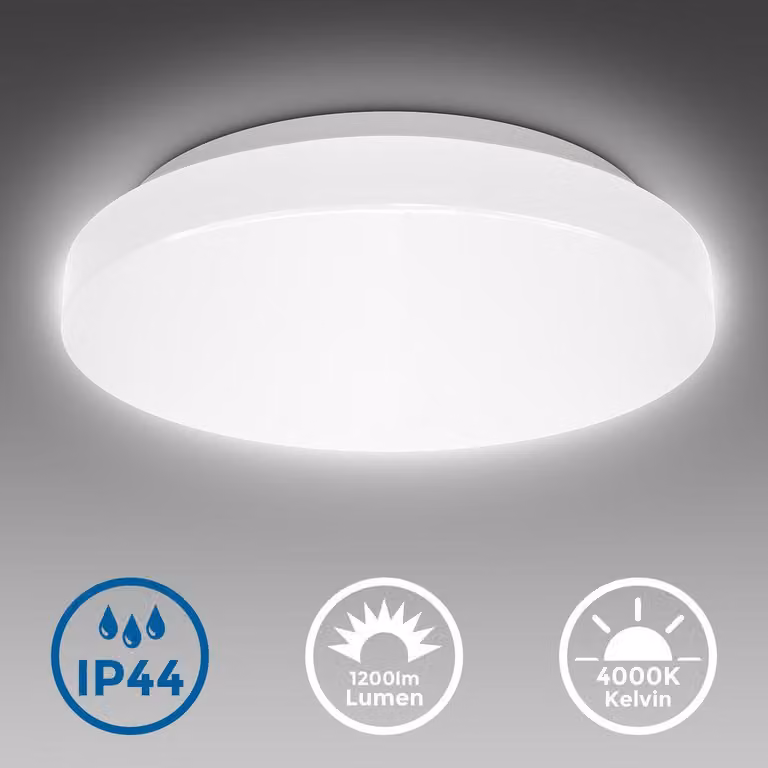 B.K.Licht Plafoniera LED da bagno 12W, luce bianca naturale 4000K, LED integrati 1200Lm, lampadario resistente agli schizzi d?acqua IP44, diametro 29cm, lampada da soffitto moderna, plastica, 230V