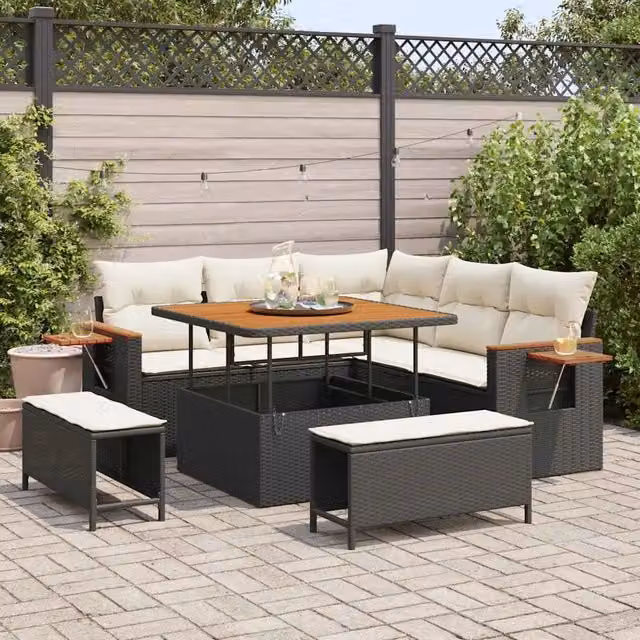 Set Divano da Giardino 9 pz 8-Numero di posti Nero e Crema 3365115
