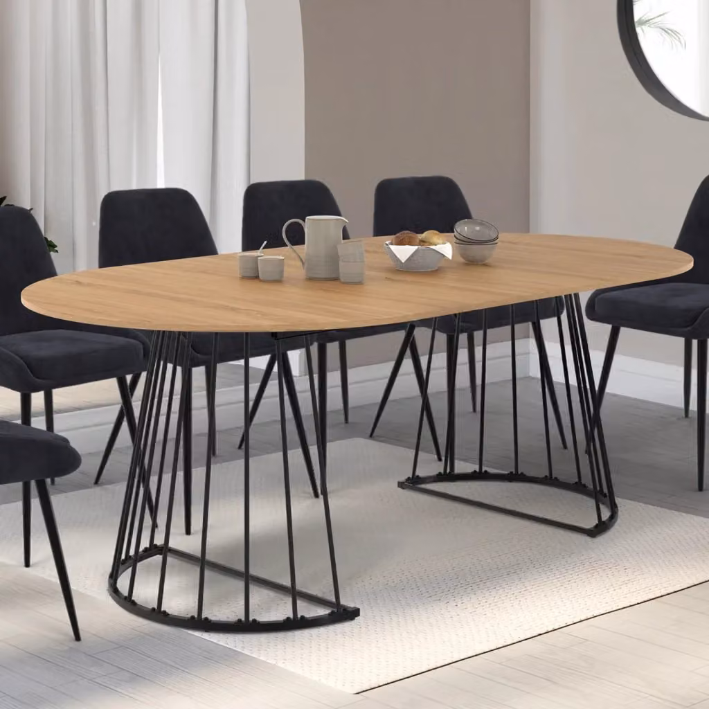 IDMarket YUNA tavolo da pranzo rotondo allungabile per 4-10 persone in legno e metallo nero e marrone L/P/H: 110-200 x 90 x 75 cm – 2