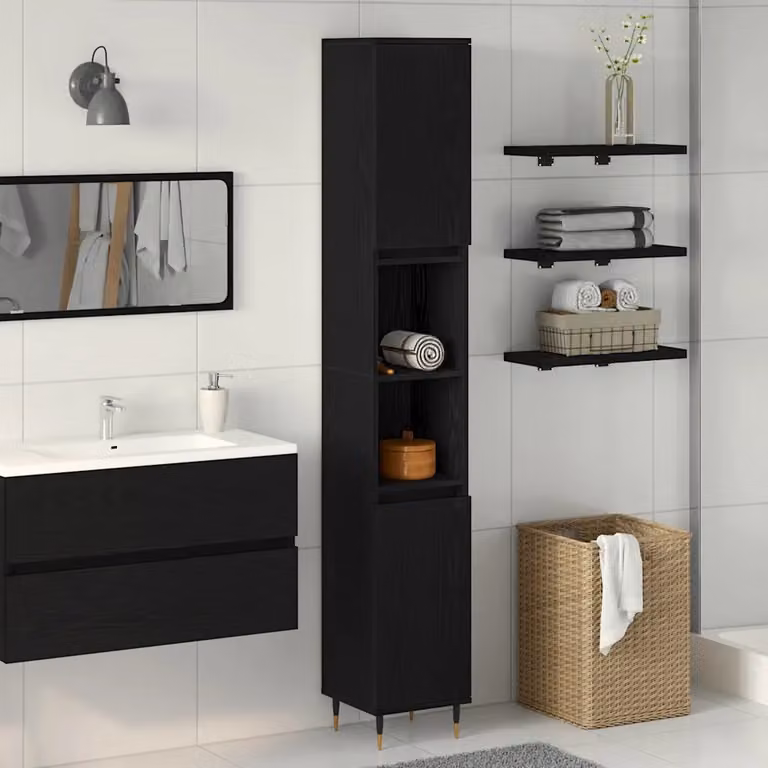 Mobile da bagno moderno vidaXL in legno e metallo nero con ante a battente e ripiani interni L/P/H: 30 x 30 x 190 cm