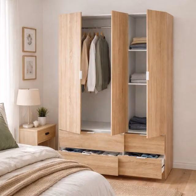 Armadio Ababala DMORA per camera da letto con 3 ante e 2 cassetti, Rovere, L: 135 cm, P: 52 cm, H: 200 cm – 1