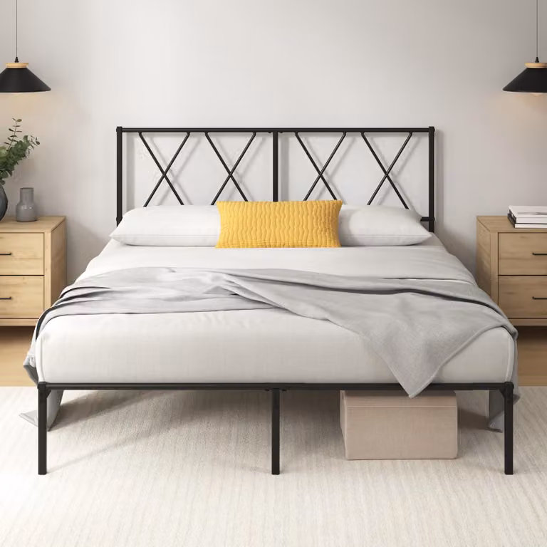 Letto in metallo 140x190 cm con rete a doghe, testiera, colore nero, altezza 30 cm