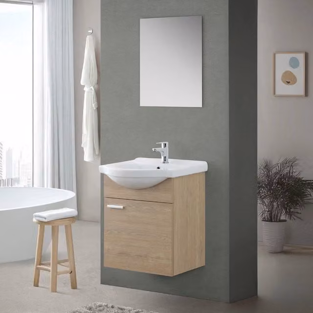 Mobile bagno sospeso Desya con lavabo e specchio in Rovere Dolomite marrone
