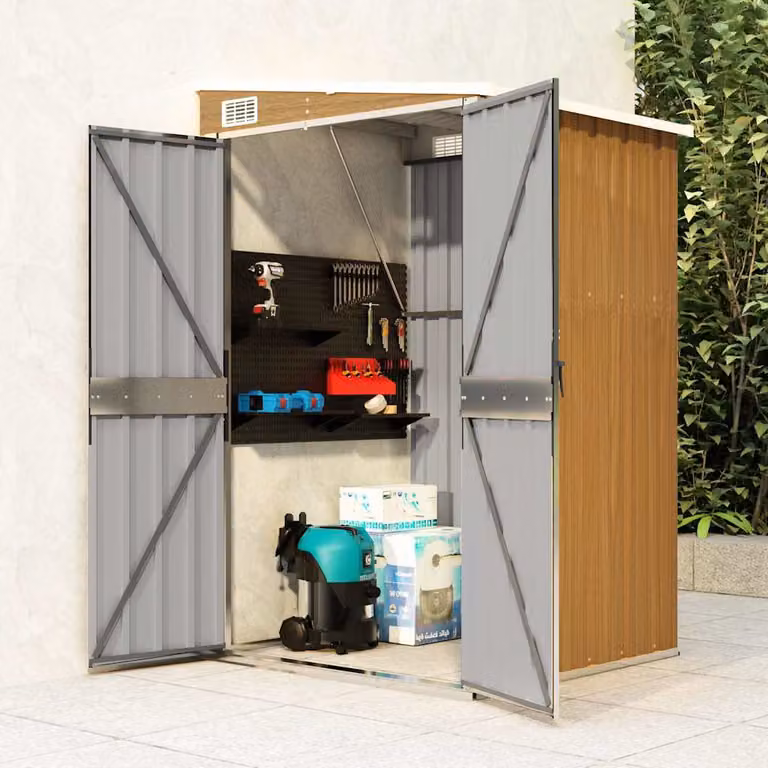 Capanno da giardino a parete vidaXL in acciaio zincato marrone L 118 cm x P 100 cm x H 178 cm