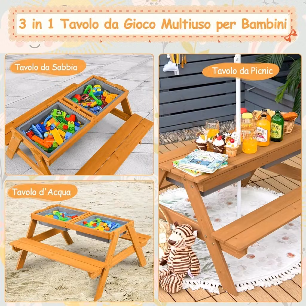 Set Tavolo Picnic per Bambini 3in1 Play Wells con Ombrellone Regolabile e Panche in Legno di Abete Bianco e Verde per Interno ed Esterno – 2