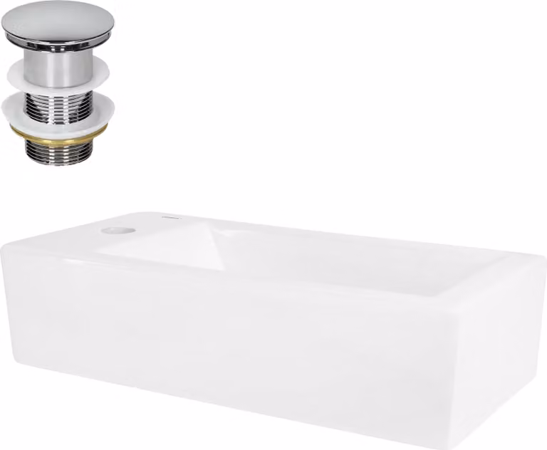 LuxeBath Lavabo da appoggio Square, 51x25x13 cm, bianco, Vetroceramica, foro per rubinetto a sinistra, incl. set di scarico senza troppopieno