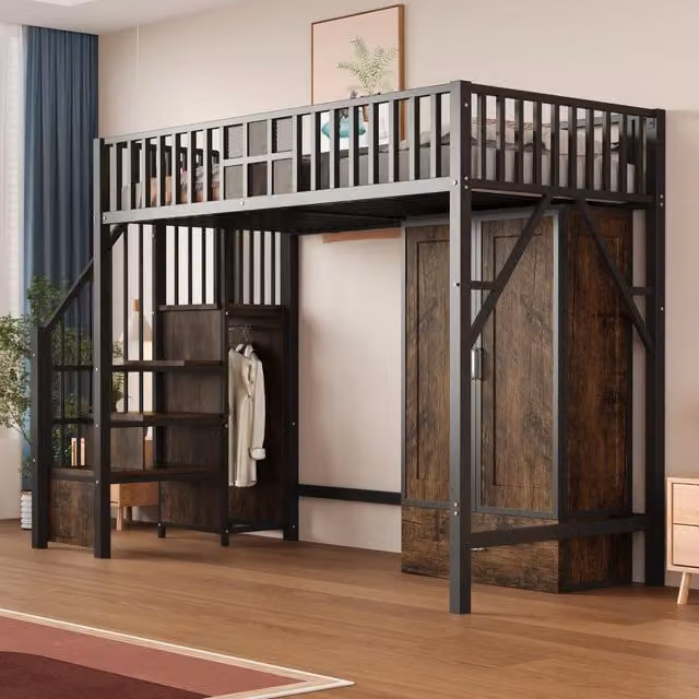 Letto a soppalco singolo 90 × 200 cm, armadio, cassetto e scala contenitore, senza materasso, metallo e legno nero