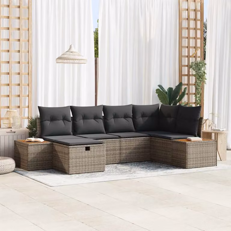 Set Divano da Giardino a L vidaXL in Polyrattan Grigio con Cuscini e Ottoman