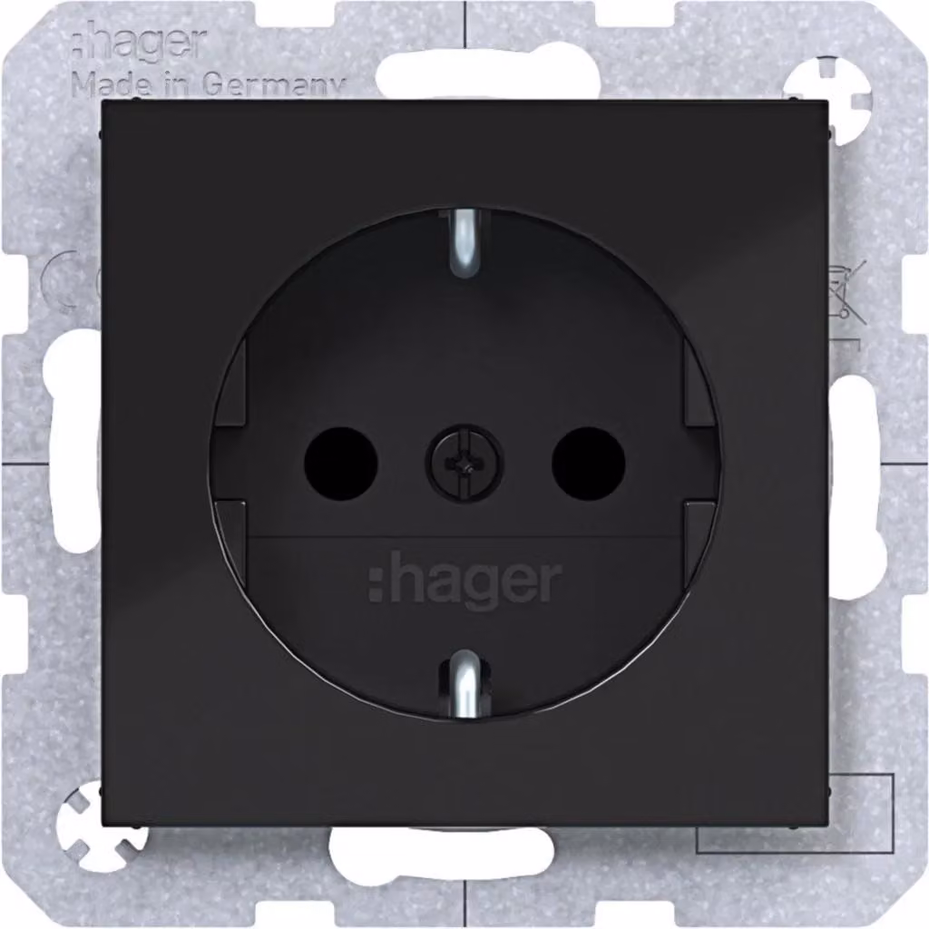 Prese SCHUKO Hager, serie A.x/C.x, 16A, 250V, con protezione antiscossa potenziata, finitura nera lucida, confezione da 1 pezzo.