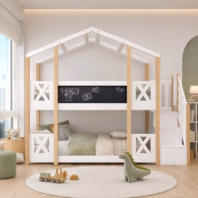 Letto a castello REDOM per bambini in legno massiccio con scala contenitore e scomparti laterali, Bianco, L/P/H: 200 x 90 x 160 cm
