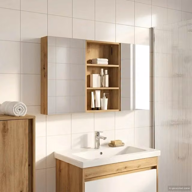 Set di 3 armadi da bagno moderni vidaXL in legno marrone con specchio e illuminazione LED, L/P/H: 120 x 10,5 x 60,5 cm