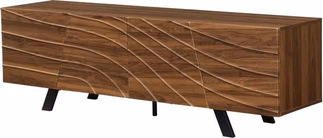 Mobile TV moderno in MDF effetto noce con gambe in ferro nero, 160x39x50,5 cm, con ampio spazio contenitivo e gestione cavi
