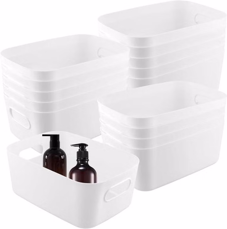 Set di 15 contenitori in plastica per l'organizzazione, dimensioni 25x16,5x10 cm, contenitori bianchi per l'organizzazione di bagno, cucina e ufficio