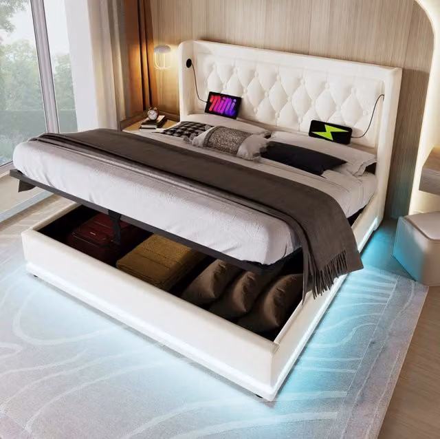Letto matrimoniale contenitore ULEVR 160x200 cm con LED, USB e Type-C, testiera imbottita in PU bianco