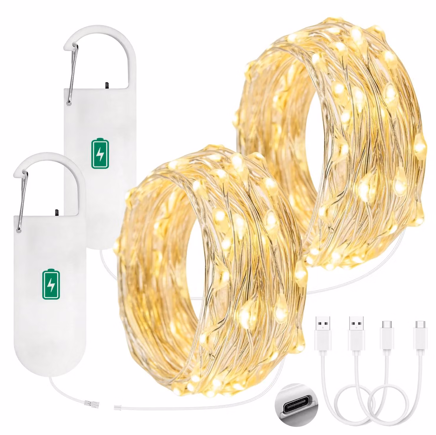 Catene luminose a LED, 2 x 50 LED, 5 metri, luce bianco caldo, alimentazione a batteria, ricaricabili, confezione da 2 pezzi