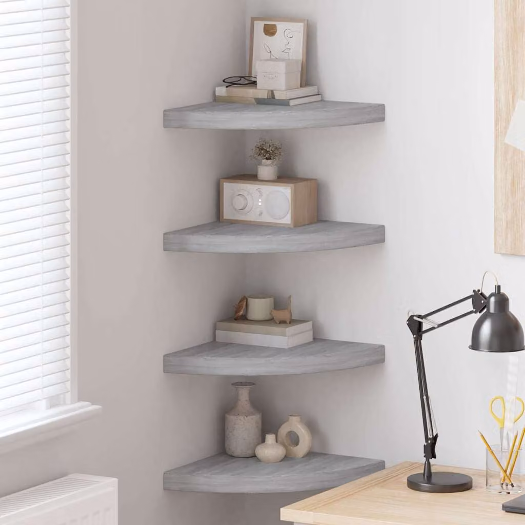 Set di 4 mensole angolari vidaXL in MDF e metallo, colore grigio cemento, L/P: 35 x 35 cm, Spessore: 3,8 cm
