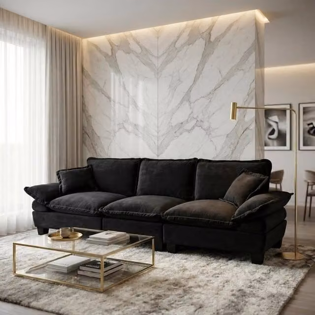 Divano 3 Posti in Tessuto Chenille con Braccioli Curvi ¨C Xylo ¨C Nero
