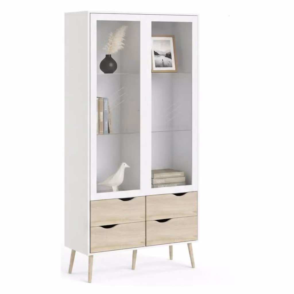 Vetrinetta Amedeo DMORA con due ante in vetro, colore bianco e rovere, L: 98 cm, H: 200 cm, P: 39 cm – 2