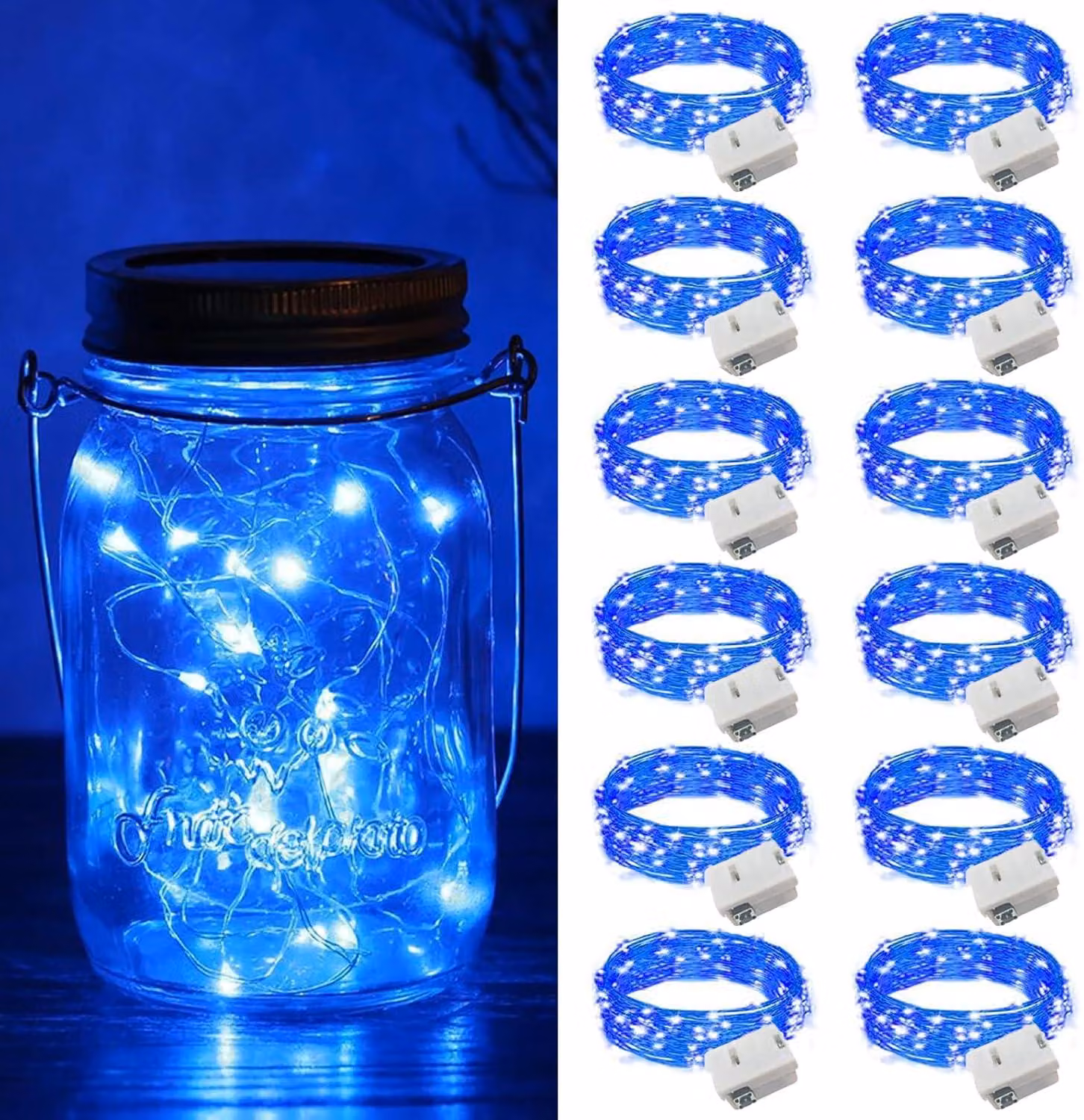 Catena luminosa a LED mini, 2 metri, 20 LED, blu, confezione da 12 pezzi, alimentazione a batteria