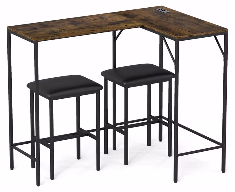 Tavolo da bar COSTWAY con set di sgabelli, gruppo tavolo da pranzo con presa di corrente e 2 sedie, tavolo da bar, reversibile, struttura in acciaio, design industriale, ideale per cucina e sala da pranzo