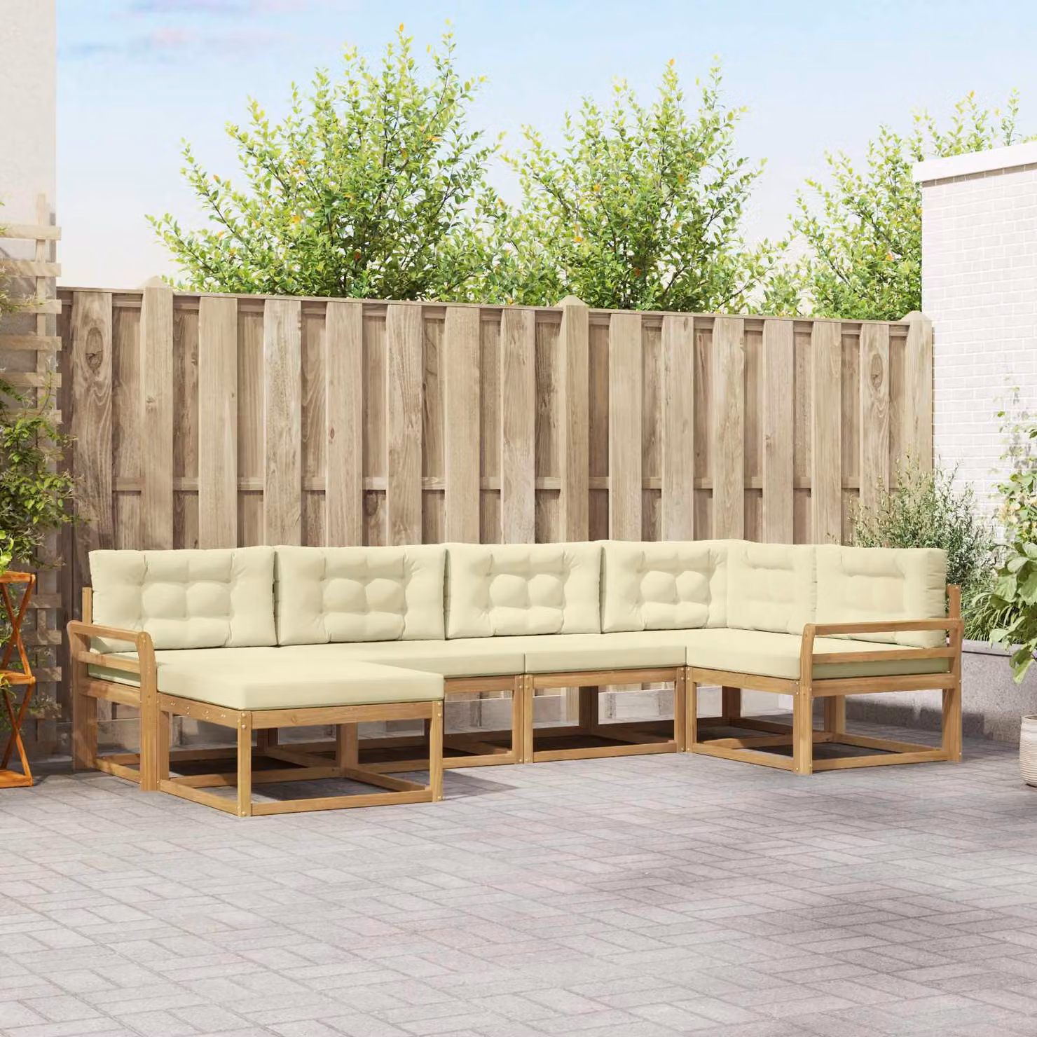 Set di divani da esterno a L vidaXL in legno di acacia con pouf e cuscini, Bianco e Beige