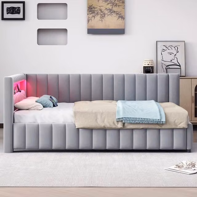 Letto Imbottito con LED e USB ¨C MINIMAL ¨C Velluto Grigio 140x200