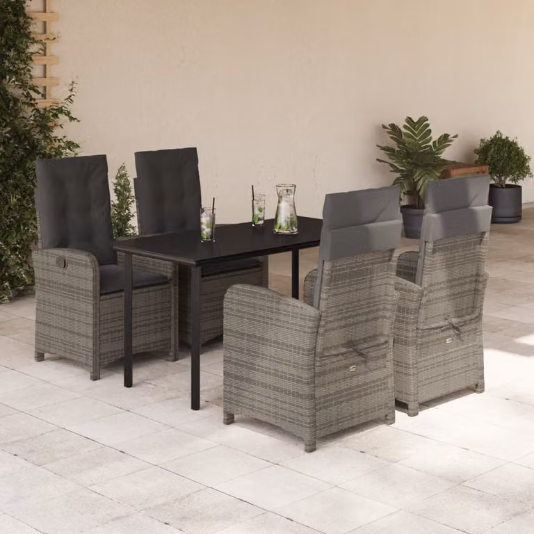 Set da Pranzo da Giardino vidaXL 5 pz in Polyrattan Grigio e Nero con Piano in Vetro