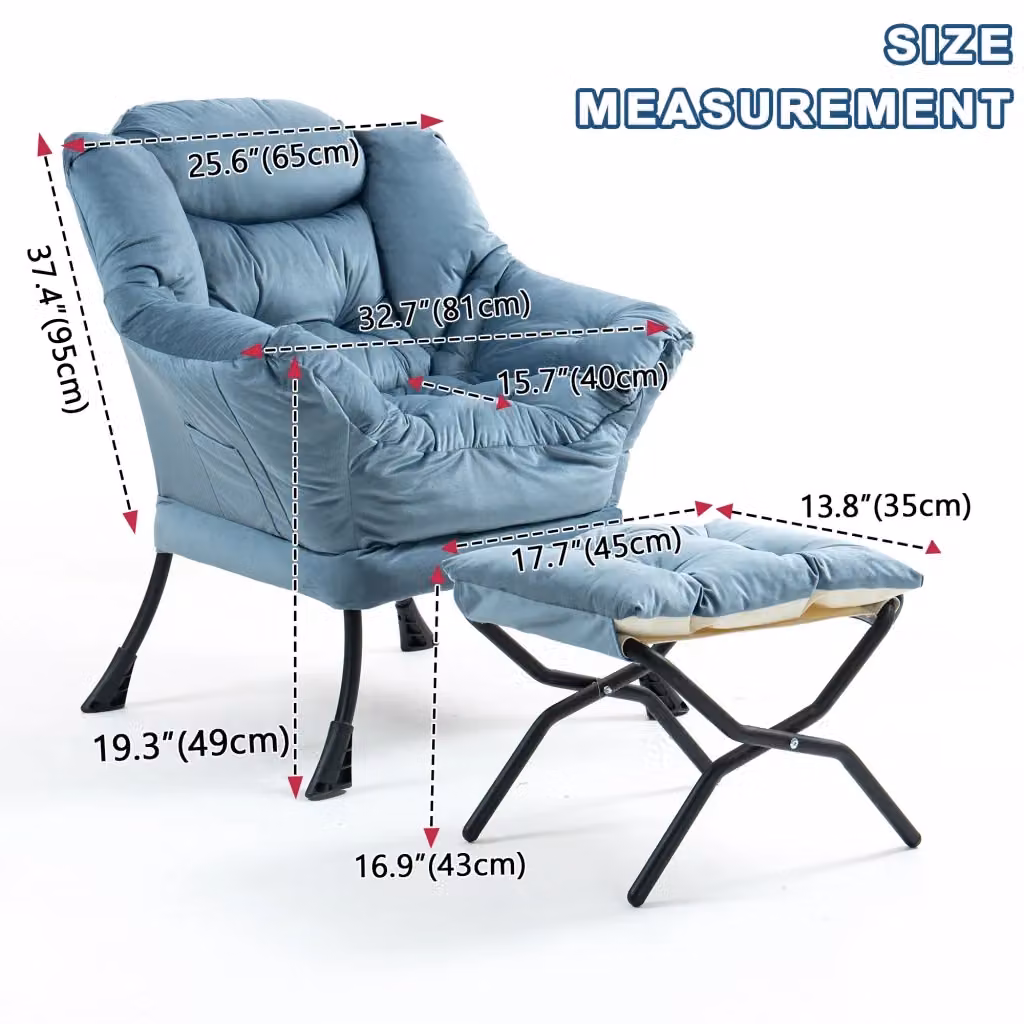 Poltrona Relax REDOM con Ottoman in Tessuto Blu per Soggiorno – 2