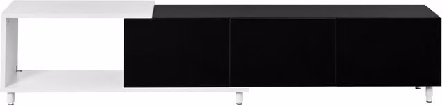 Mobile TV Lowboard con 3 Ante Laccate a Specchio, Piedini in Metallo, Design Moderno, 258x38x48,5 cm, Nero e Bianco