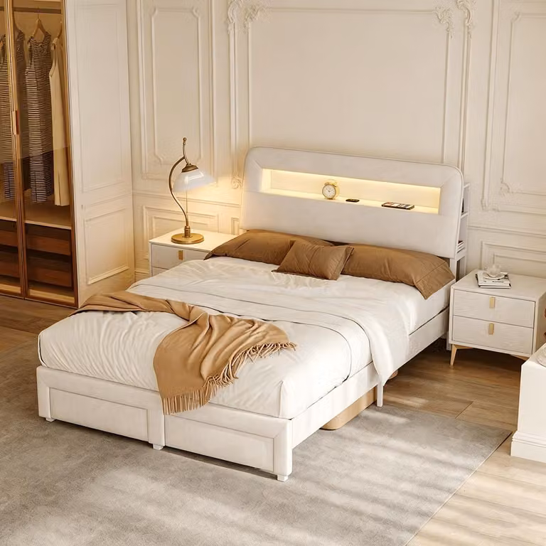 Letto imbottito INONEFT, 140x200 cm, con LED, letto matrimoniale con struttura a molle e base contenitore con stazione di ricarica USB e 2 cassetti, struttura del letto con rete a doghe, color beige, in velluto.