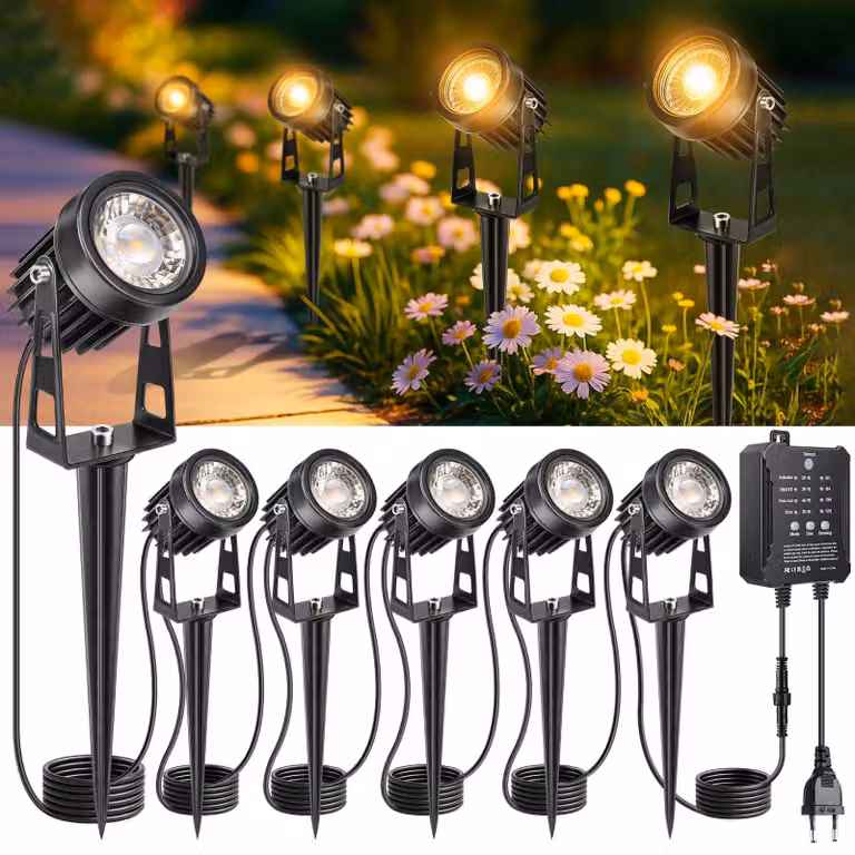 Set di 6 faretti da giardino a LED, 24 V, luce bianco caldo 3000 K, grado di protezione IP65, con sensore