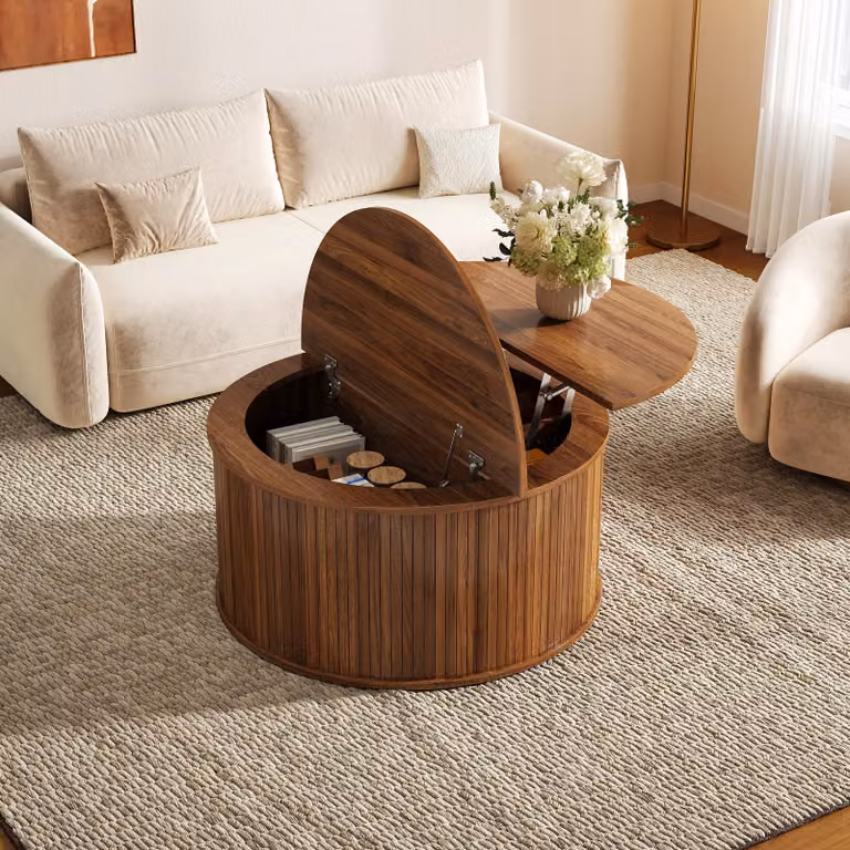 Tavolino rotondo Merax con spazio contenitore, tavolino regolabile in altezza per il soggiorno, piano del tavolo con coperchio ribaltabile, tavolino da divano in MDF, finitura noce