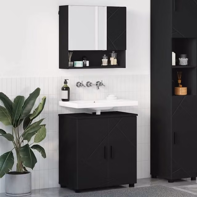Set di mobili per il bagno vidaXL composto da mobile lavabo e armadietto con specchio in stile moderno nero opaco L/P/H: 61 x 35 x 64 cm – 1